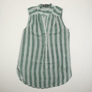 Fab'rik Green White Striped Collared Sleeveless Button Summer Tank Women Size M